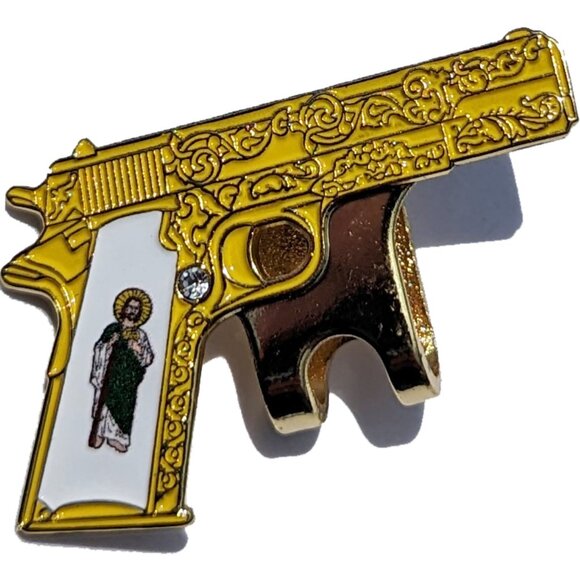 Pin Gun with St Jude Pin For Caps Clothing Enamel Badge San Judas firearm pin  X - Picture 1 of 4